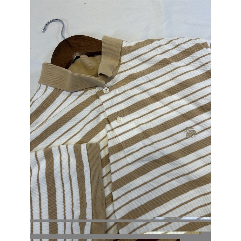Brooks Brothers White Beige Striped Button Up Shirt Mens Large Short Sleeve Polo